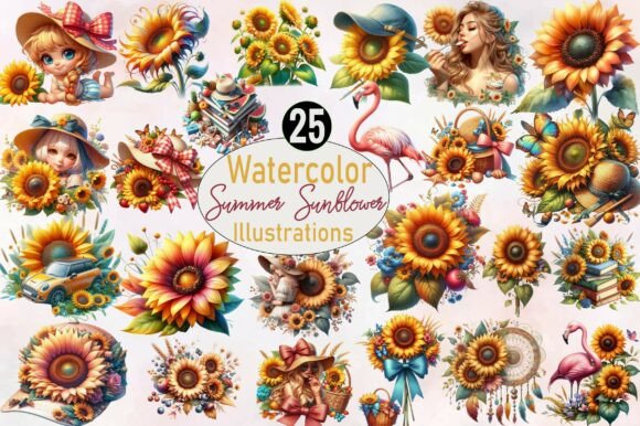 Download Watercolor Summer Sunflower Clipart - Premium Bundle