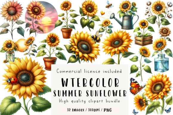 Download Watercolor Summer Sunflower Clipart - Premium Bundle